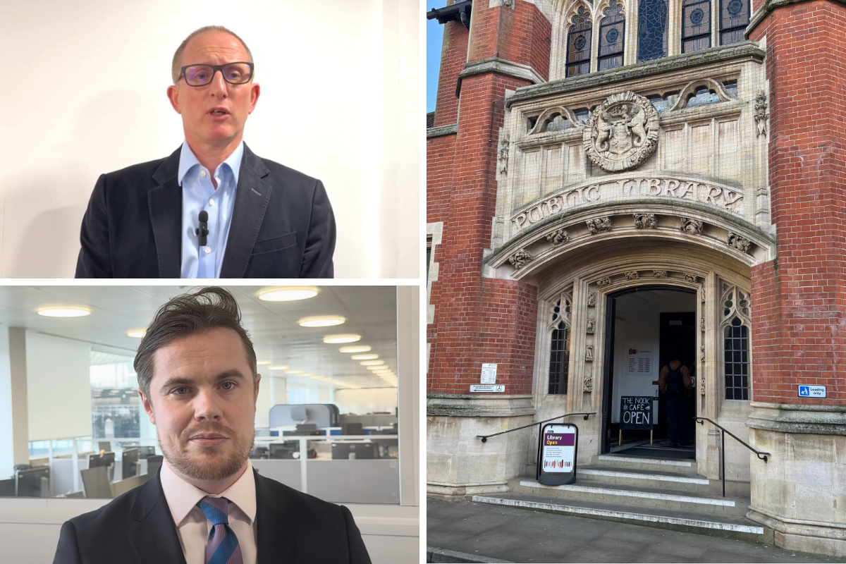 A photo collage of Councillor Philip Faircloth-Mutton, Bruce Leeke and the County Library in Ipswich